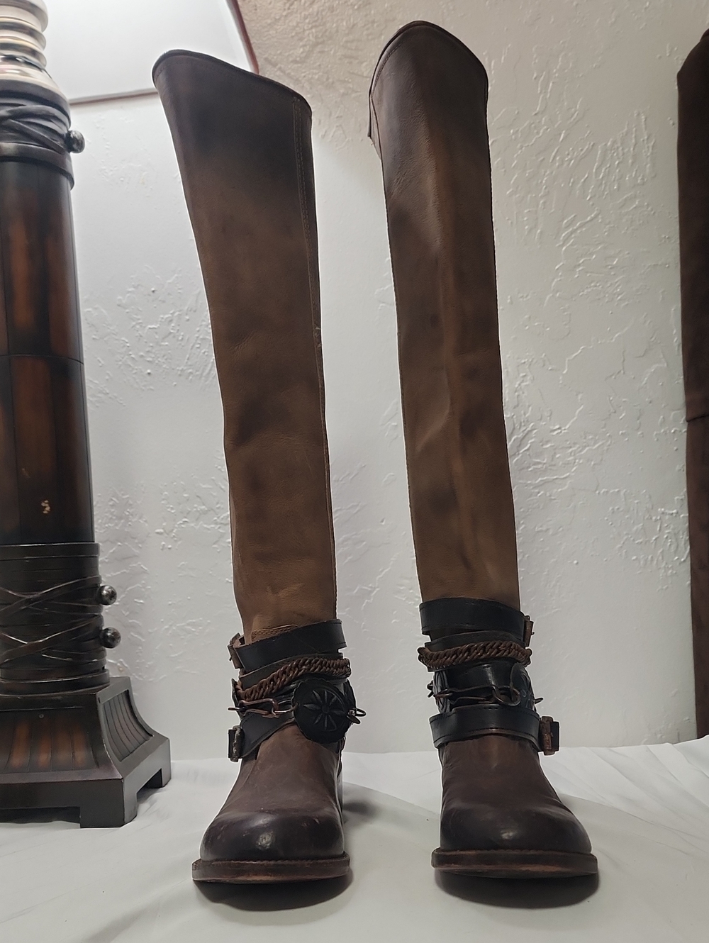 freebird Brown Braided-Strap Riding Boots